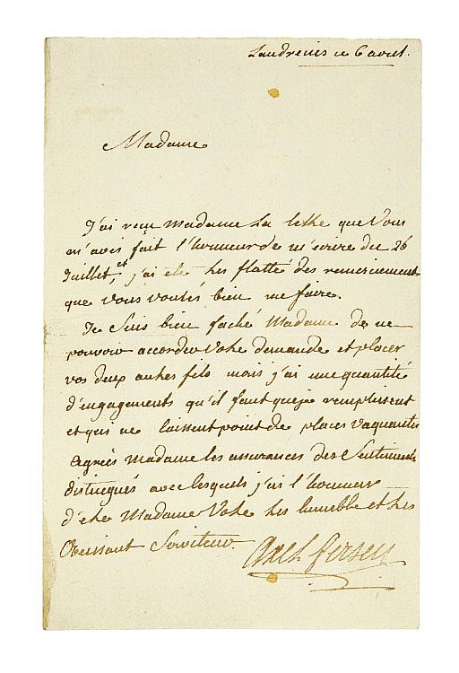 Lettera manoscritta di Axel von Fersen